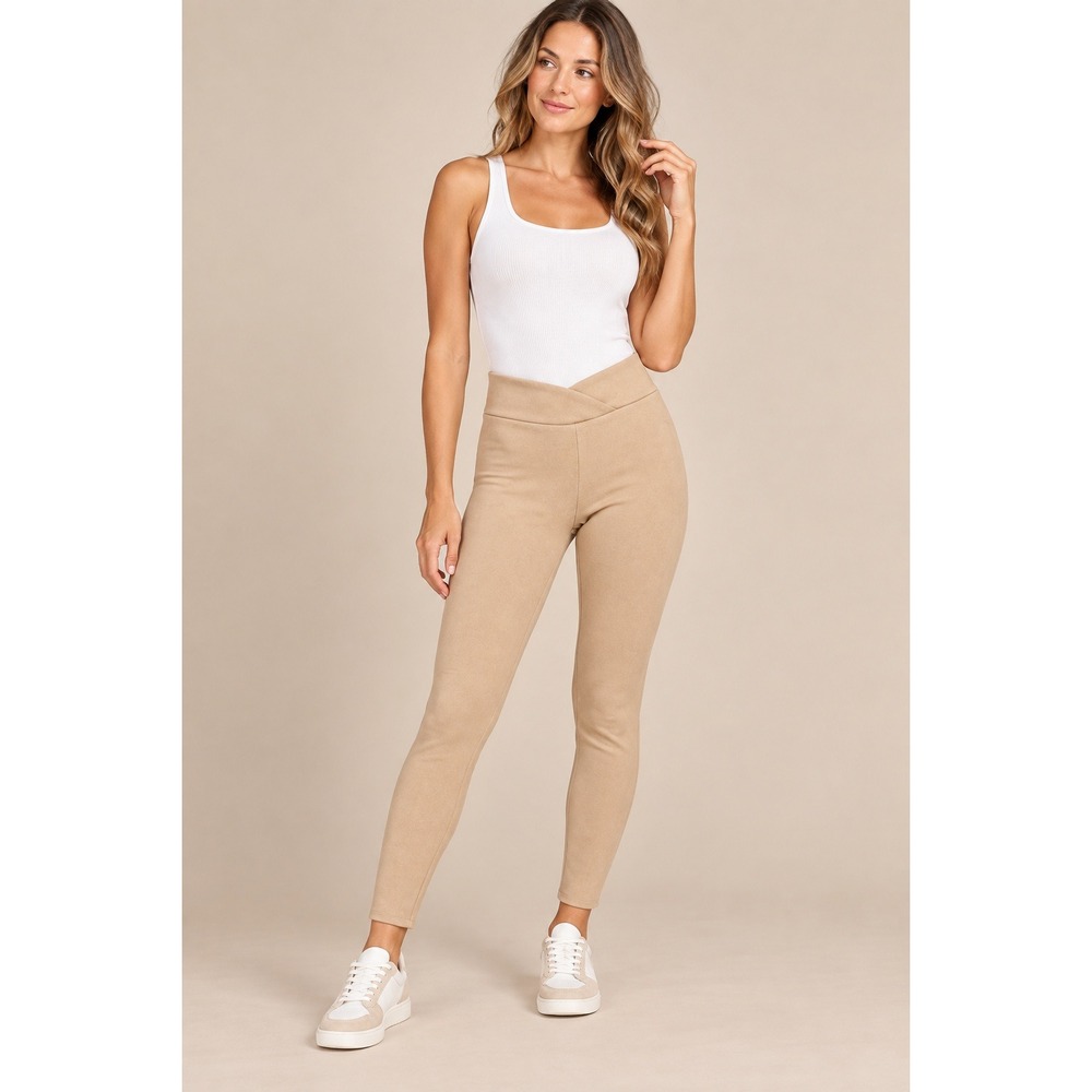 Splendid Women Leggings M Beige Faux Suede Crossover Waist RF2C330 Tapered Pants